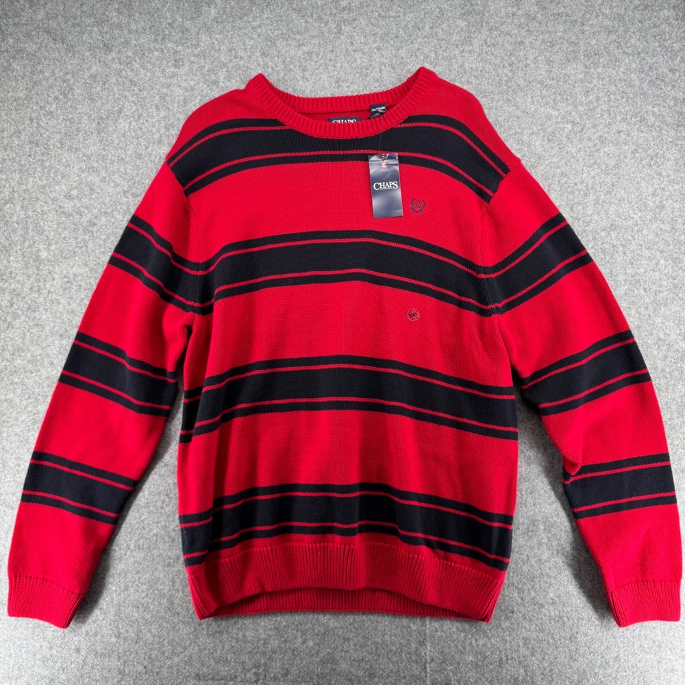 Chaps Crewneck Sweater Mens XXL Red Striped Cotton Long Sleeve Classic Crew
